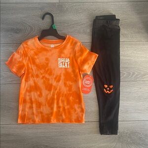 Halloween Orange Tie-Dye Trick or Treat Shirt and Black Leggings Set